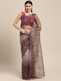 Vastranand - Brown Organza Floral Print Party Wear Saree with Unstitched Blouse
