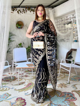 Odette - Black Net Sequins Saree with Stitched Blouse