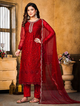Odette - Red Net Embroidered Semi Stitched Kurta with Trousers and Dupatta (Set of 3)