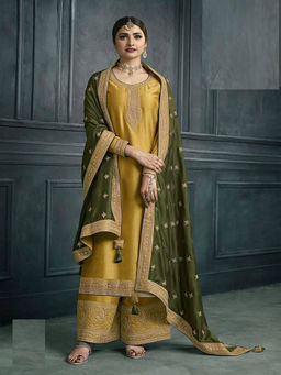 Odette - Mustard Silk Georgette Embroidered Semi Stitched Kurta with Palazzos and Dupatta (Set of 3)