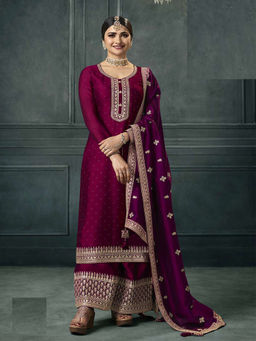 Odette - Wine Silk Georgette Embroidered Semi Stitched Kurta with Palazzos and Dupatta (Set of 3)