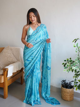 Odette - Blue Satin Georgette Prism Print Saree with Unstitched Blouse