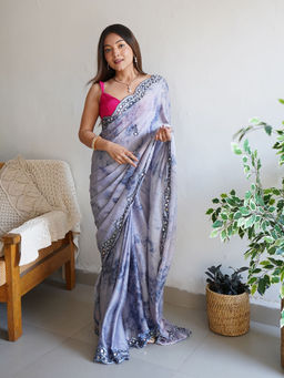 Odette - Grey Satin Georgette Prism Print Saree with Unstitched Blouse