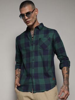 Campus Sutra - Mens Navy Blue & Forest Green Buffalo Check Shirt