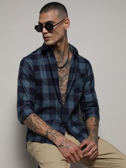 Campus Sutra - Mens Prussian Blue Cotton Check Shirt