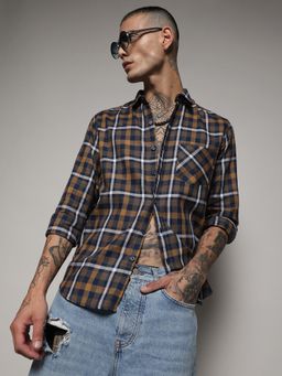 Campus Sutra - Mens Cobalt Blue & Mustard Yellow Tartan Plaid Shirt