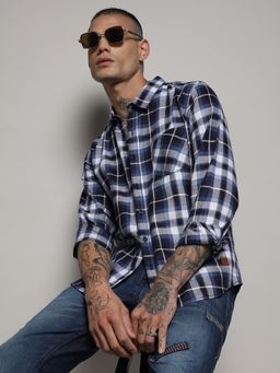 Campus Sutra - Mens Navy Blue Tartan Plaid Shirt