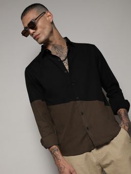 Campus Sutra - Mens Black & Olive Green Contrast Panel Shirt