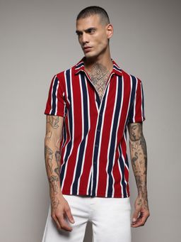 Campus Sutra - Mens Navy Blue & Crimson Red Club Striped Shirt