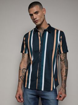Campus Sutra - Mens Prussian Blue Club Striped Shirt