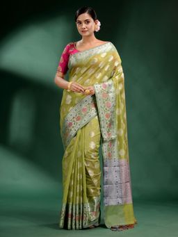 CHARUKRITI - Lime Green Pure Silk Handwoven Soft Saree with Unstitched Blouse