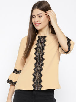Xpose - Women Beige Solid Top with Lace Insert Detail