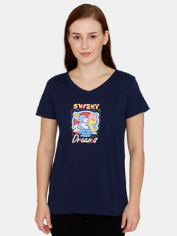 Zivame - Tom & Jerry Colour Block Knit Cotton Top -Medieval Blue