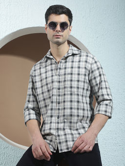 CRIMSOUNE CLUB - Mens 100% Cotton Grey Checked Casual Shirt