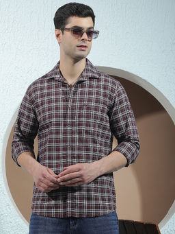 CRIMSOUNE CLUB - Mens 100% Cotton Wine Checked Casual Shirt
