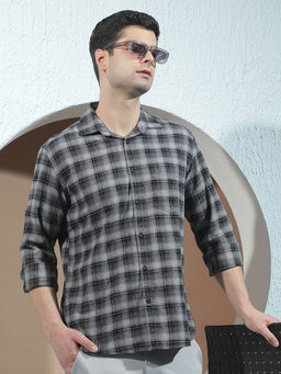 CRIMSOUNE CLUB - Mens 100% Cotton Grey Checked Casual Shirt