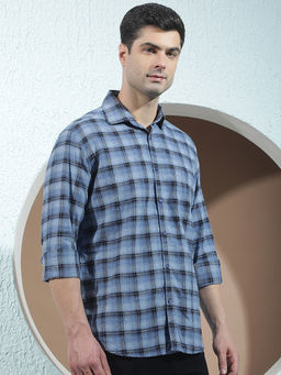 CRIMSOUNE CLUB - Mens 100% Cotton Blue Checked Casual Shirt