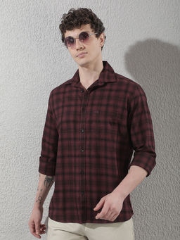 CRIMSOUNE CLUB - Mens 100% Cotton Maroon Checked Casual Shirt