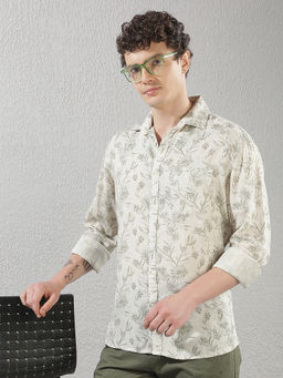 CRIMSOUNE CLUB - Mens Linen Beige Floral Print Casual Shirt