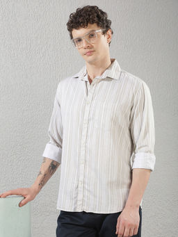 CRIMSOUNE CLUB - Mens Beige Vertical Stripes Casual Shirt