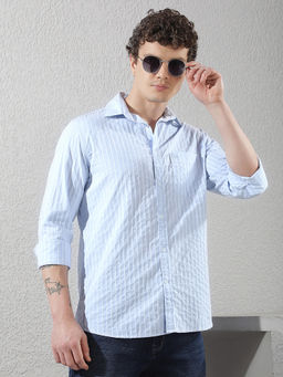 CRIMSOUNE CLUB - Mens Sky Blue Vertical Stripes Casual Shirt