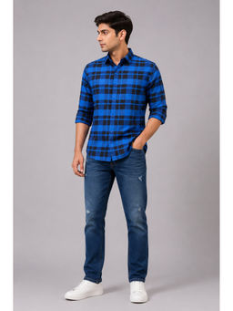 necked - Mens Blue Black Checked 100% Cotton Slim Fit Full Sleeve Casual Shirt
