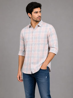 necked - Mens Pink Checked 100% Cotton Relax Fit Full Sleeve Casual Shirt