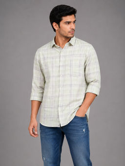 necked - Mens Pastel Green Checked 100% Cotton Relax Fit Full Sleeve Casual Shirt