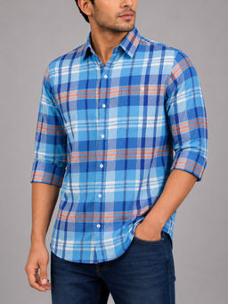 necked - Mens Sky Blue Checked 100% Cotton Relax Fit Full Sleeve Casual Shirt