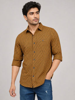 necked - Mens Mustard Black Checked 100% Cotton Relax Fit Full Sleeve Casual Shirt