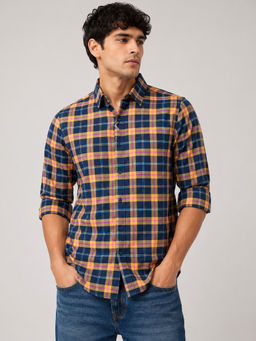 necked - Mens Navy Blue Checked 100% Cotton Relax Fit Full Sleeve Casual Shirt