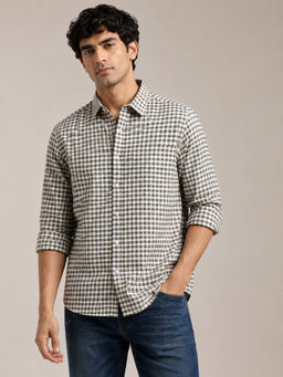 necked - Mens Off White Checked 100% Cotton Relax Fit Full Sleeve Casual Shirt