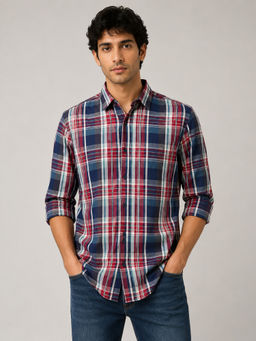 necked - Mens Navy Blue Maroon Checked 100% Cotton Relax Fit Full Sleeve Casual Shirt