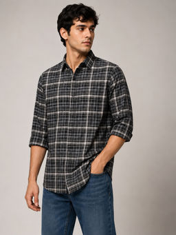 necked - Mens Black Checked 100% Cotton Relax Fit Full Sleeve Casual Shirt