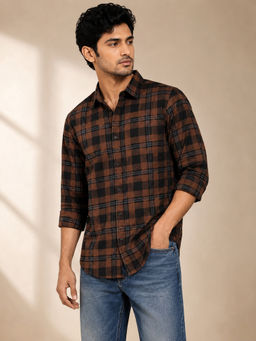necked - Mens Brown Black Checked 100% Cotton Relax Fit Full Sleeve Casual Shirt