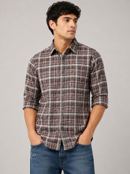 necked - Mens Brown Checked 100% Cotton Relax Fit Full Sleeve Casual Shirt