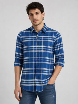 necked - Mens Blue Checked 100% Cotton Relax Fit Full Sleeve Casual Shirt
