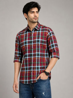 necked - Mens Maroon Checked 100% Cotton Relax Fit Full Sleeve Casual Shirt