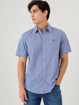 necked - Mens Light Blue Micro Checked 100% Cotton Relax Fit Half Sleeve Casual Shirt