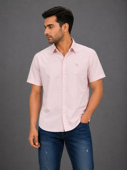 necked - Mens Soft Pink Solid 100% Cotton Relax Fit Half Sleeve Casual Shirt