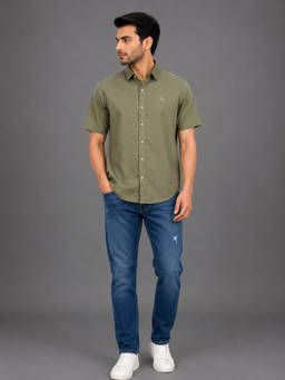 necked - Mens Green Solid 100% Cotton Relax Fit Half Sleeve Casual Shirt