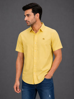 necked - Mens Mustard Yellow Solid 100% Cotton Relax Fit Half Sleeve Casual Shirt