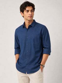 necked - Mens Navy Blue Solid Cotton Slim Fit Full Sleeve Casual Shirt