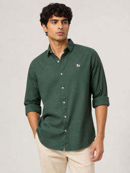 necked - Men Green Solid Dobby Cotton Slim Fit Casual Shirt