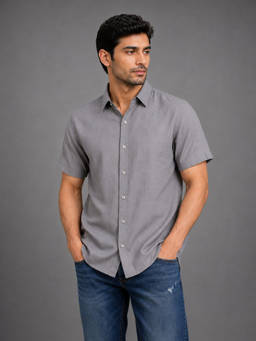 necked - Mens Grey Solid Cotton Relax Fit Half Sleeve Casual Shirt