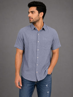 necked - Mens Blue Solid Cotton Doble Cloth Relax Fit Casual Shirt