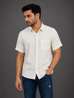 necked - Mens White Double Cloth Cotton Relax Fit Casual Half Sleeve Shirt