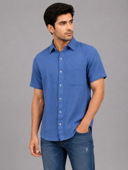 necked - Mens Airforce Blue Solid Cotton Doble Cloth Relax Fit Casual Shirt