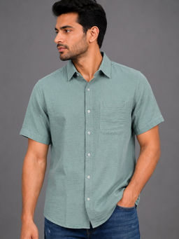 necked - Mens Smoky Green Solid Cotton Relax Fit Half Sleeve Casual Shirt
