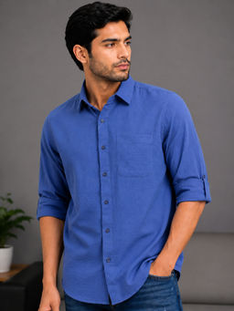 necked - Mens Airforce Blue Solid Cotton Relax Fit Full Sleeve Casual Shirt